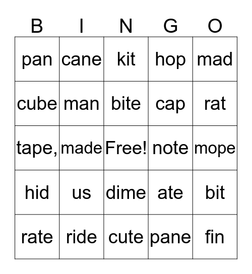 Silent E Bingo Card