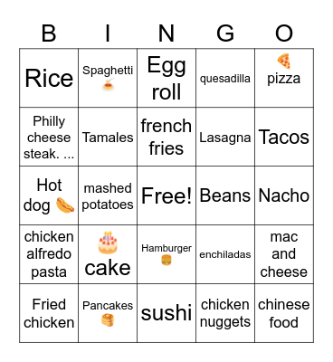 My Favorite Food Bingo Card