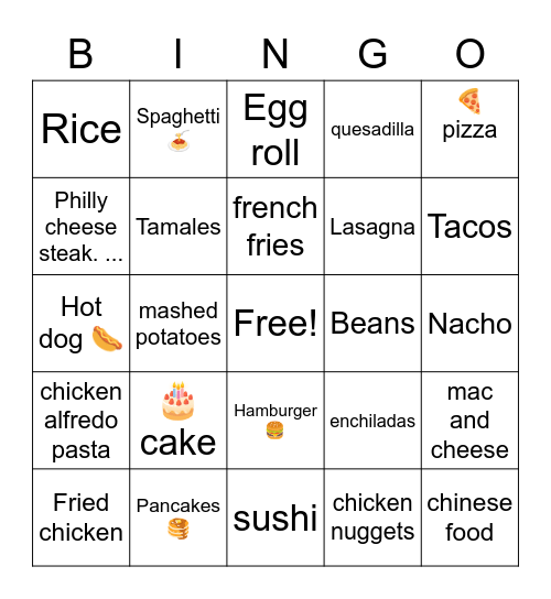 My Favorite Food Bingo Card