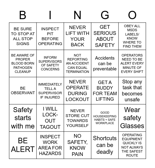 SAFETY BINGO Card