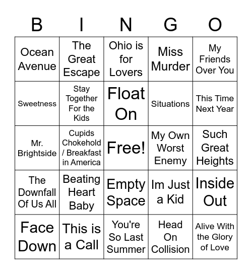 EMO MUSICAL BINGO Card