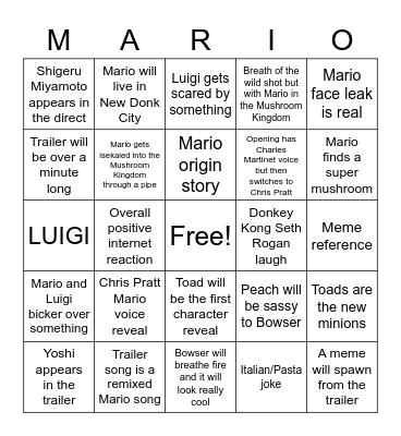 Mario Movie Direct Bingo Card