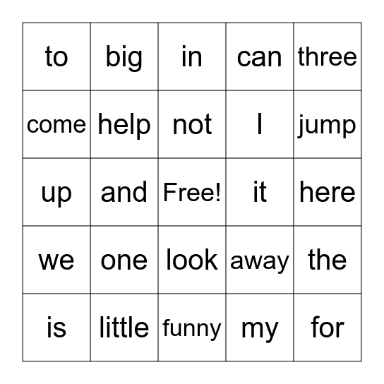 Sight Words Bingo Card