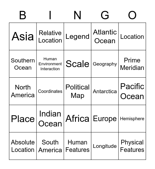 Geography Test Review Bingo Card