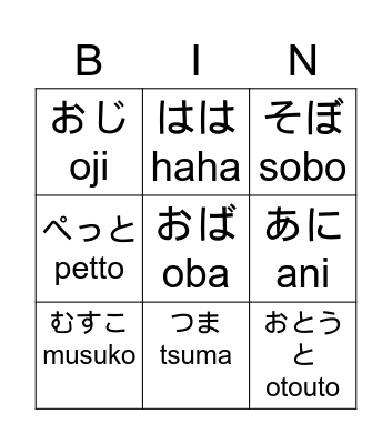 kazoku (family) Bingo Card