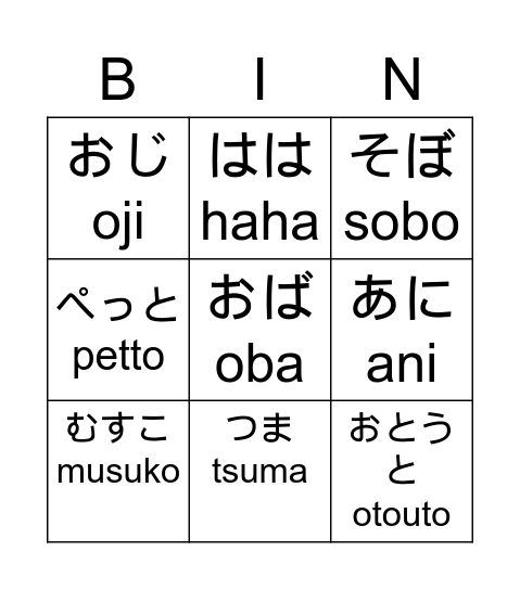 kazoku (family) Bingo Card