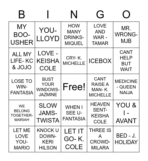 R & B Bingo Card