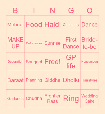 Avni's Bridal Bingo! Bingo Card