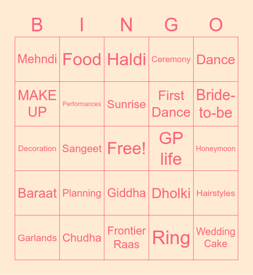 Avni's Bridal Bingo! Bingo Card