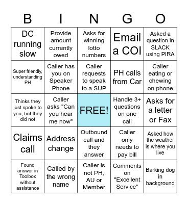 Call Center Bingo Card