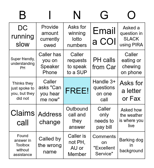 Call Center Bingo Card