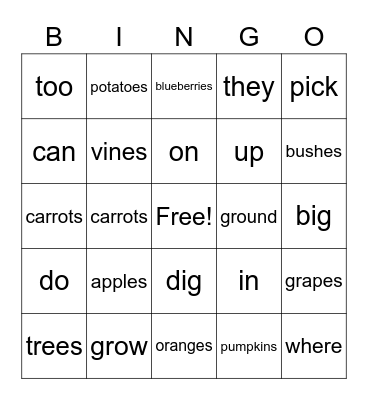 Where Things Grow Bingo Card