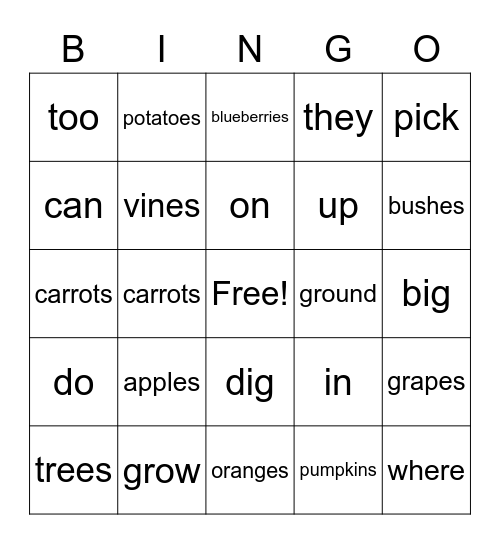 Where Things Grow Bingo Card