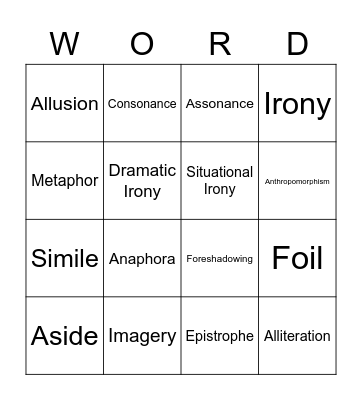 Literature Vocabulary Bingo Card