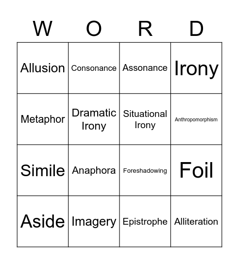 Literature Vocabulary Bingo Card