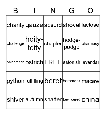 Vocabulary Words Bingo Card