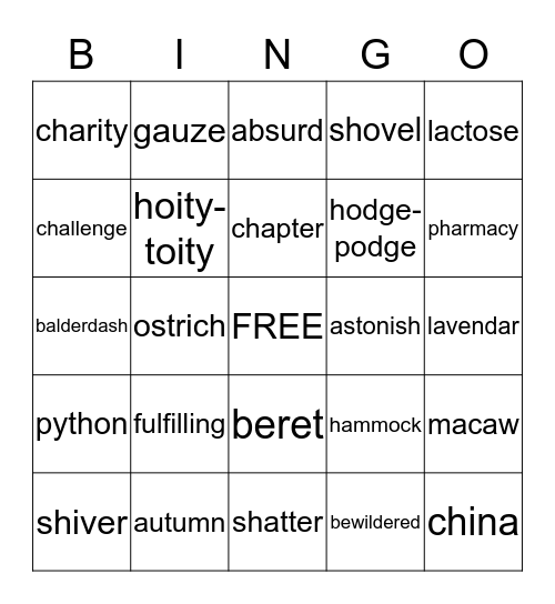 Vocabulary Words Bingo Card