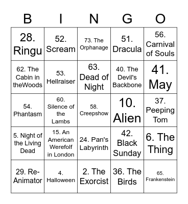 TOP 75 HORROR MOVIES Bingo Card