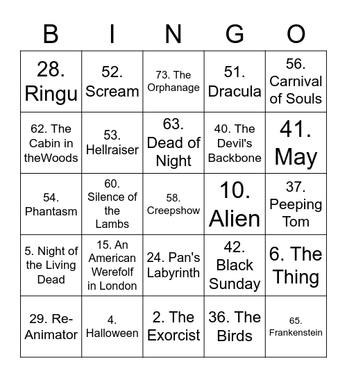 TOP 75 HORROR MOVIES Bingo Card