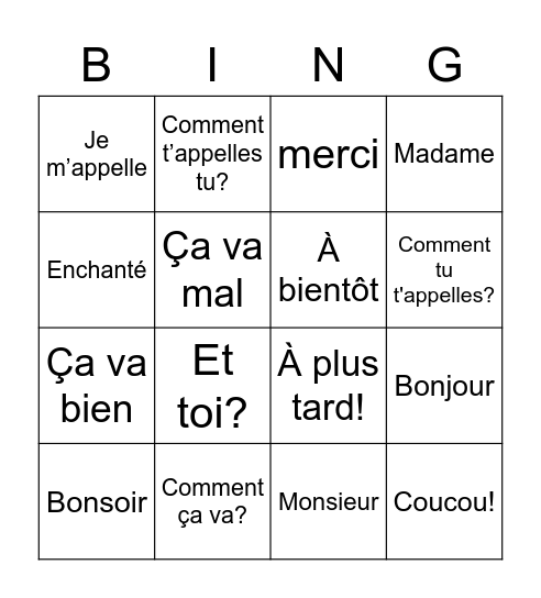 Greetings in French Bingo Card