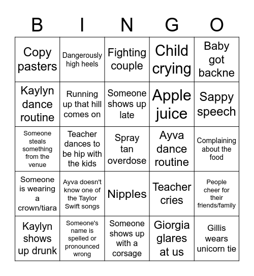 Formal/Graduation Bingo Card