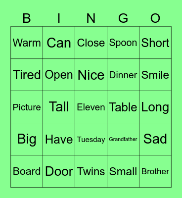 Words Bingo Card