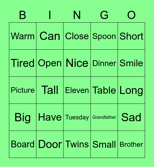 Words Bingo Card