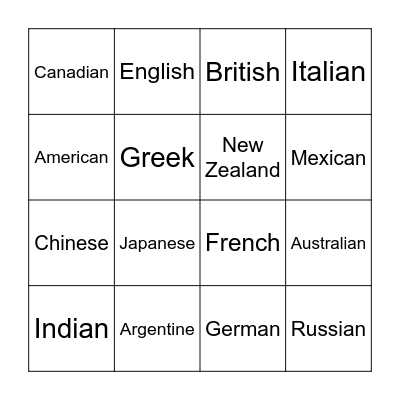 nationalities Bingo Card