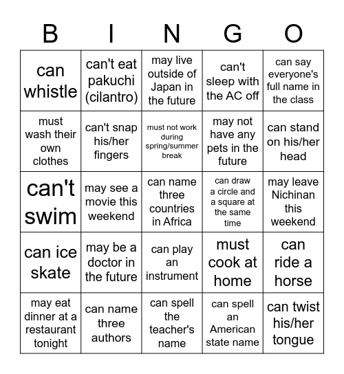 L3 modal verbs Bingo Card