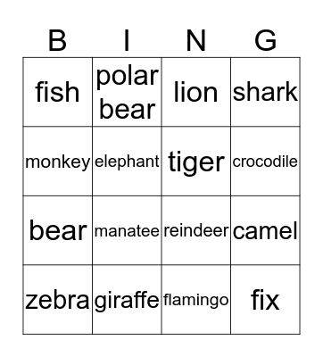 Zoo Animals Bingo Card