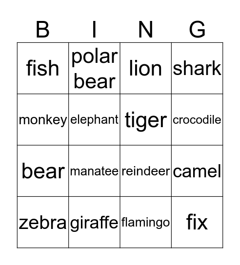 Zoo Animals Bingo Card