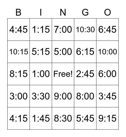 Telling the time OW3 Bingo Card