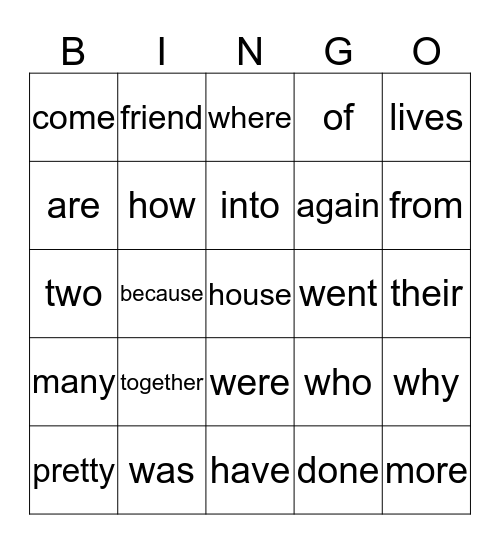 Sight Words Bingo Card