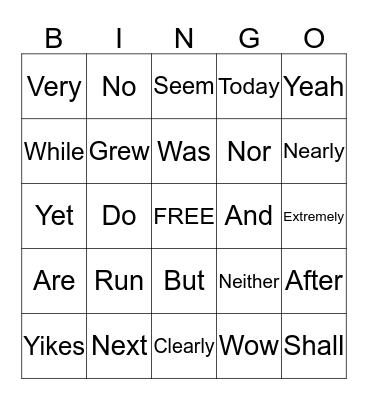 Parts of Speech Bingo Card