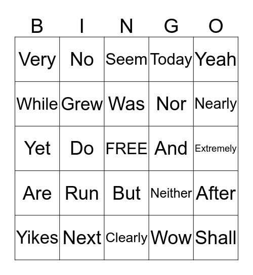 Parts of Speech Bingo Card
