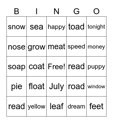 Long E, I, O Bingo Card