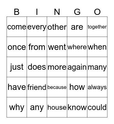 Sight Words  Bingo Card
