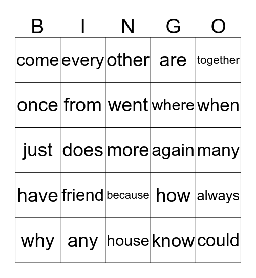 Sight Words  Bingo Card