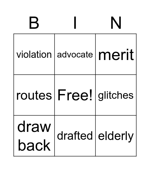 Week 7 Vocabulary Bingo Card