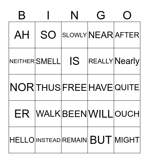 Parts of Speech Bingo Card