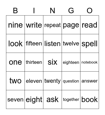 Numbers and classroom language Bingo Card