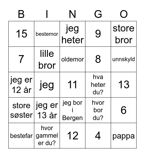 Familia / presentación / números Bingo Card
