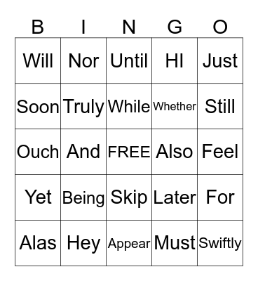 Parts of Speech Bingo Card