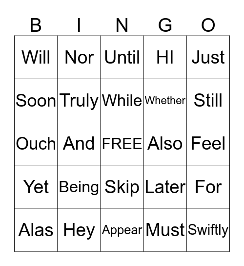 Parts of Speech Bingo Card