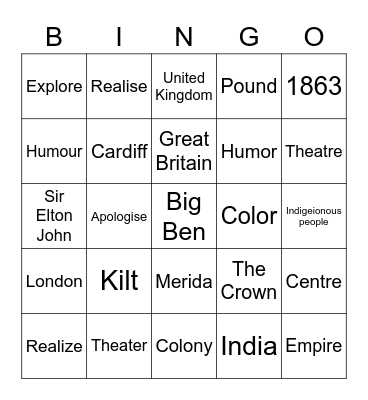 Great Britain and the English Language Bingo Card