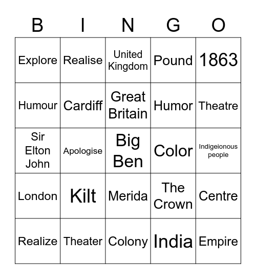 Great Britain and the English Language Bingo Card