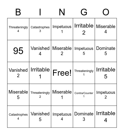 Week 9 Vocab Quiz Bingo Card