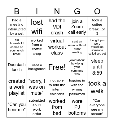 Remote Work Bingo Card