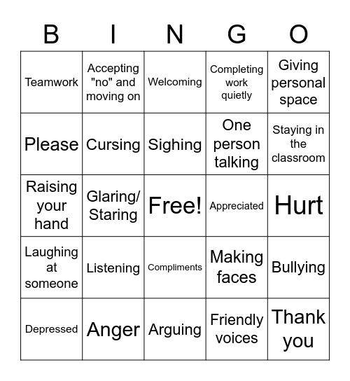 Respect vs. Disrespect Bingo Card