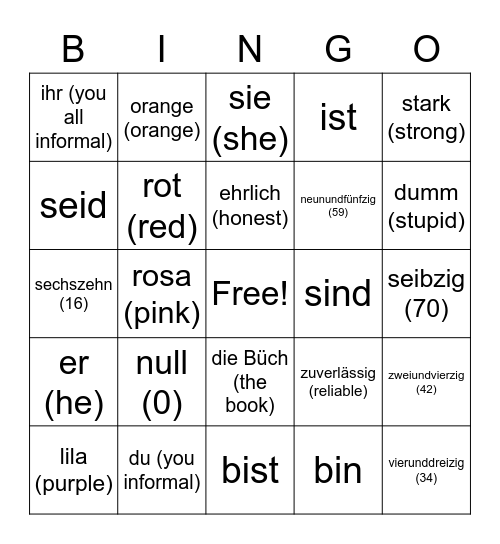 Deutsch Bingo Card